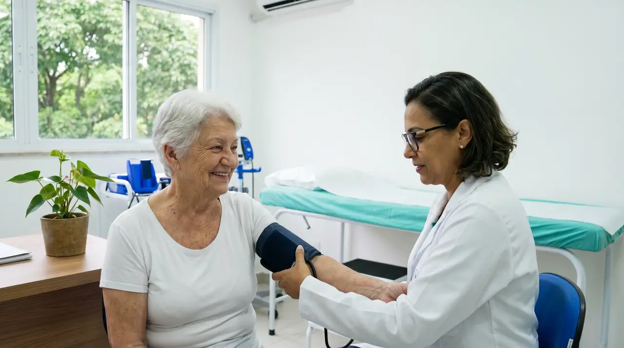 Profissional de saúde conversando com uma senhora sorridente durante atendimento na clínica