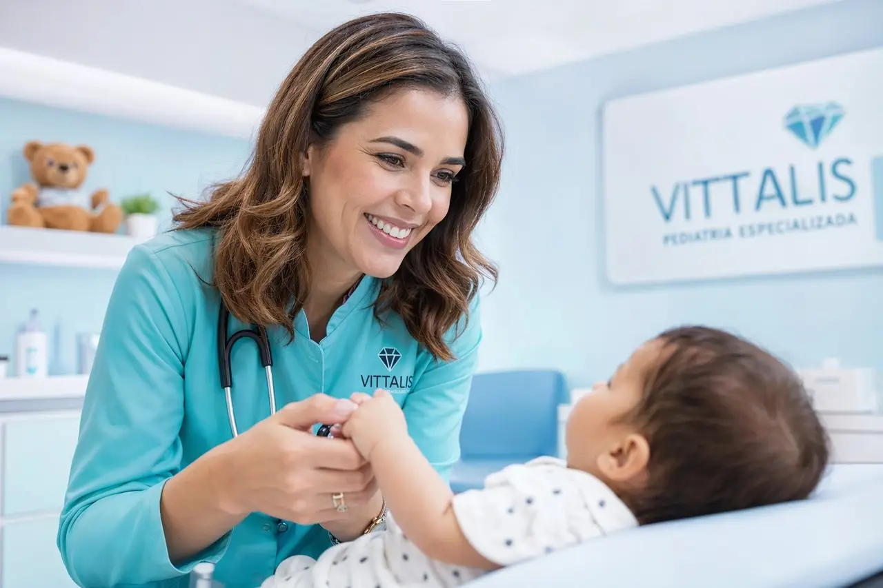 Profissional da Vittalis sorrindo e segurando a mão de um bebê deitado na maca